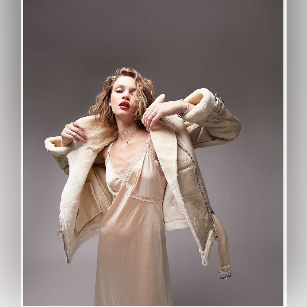 Topshop Faux Shearling Aviator Jacket with Faux Fur Lining in Cream